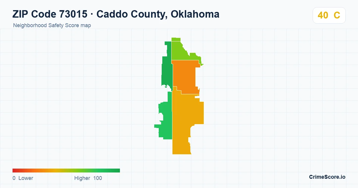 ZIP Code 73015 in Caddo County, Oklahoma neighborhood Safety Score map