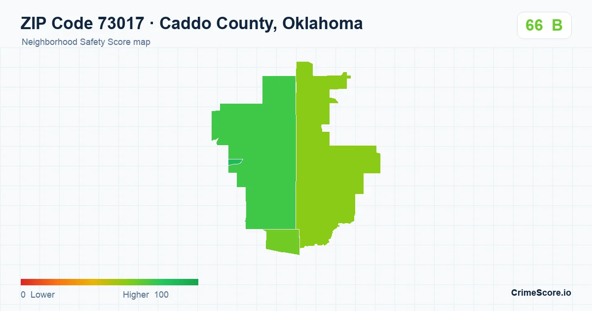 ZIP Code 73017 in Caddo County, Oklahoma neighborhood Safety Score map