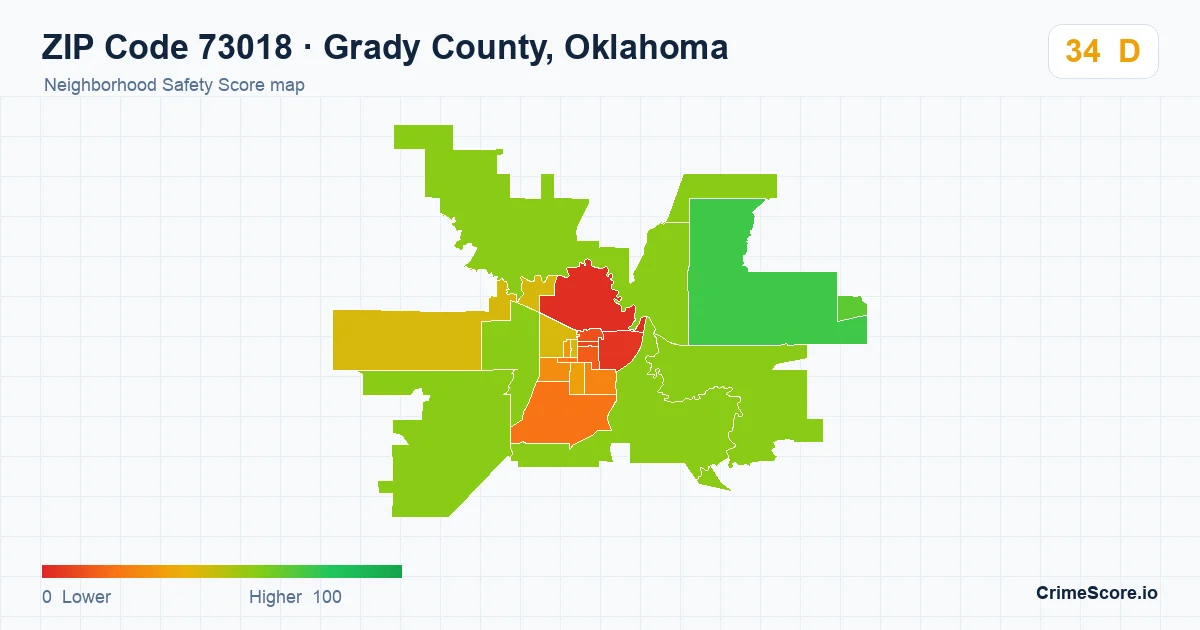 ZIP Code 73018 in Grady County, Oklahoma neighborhood Safety Score map