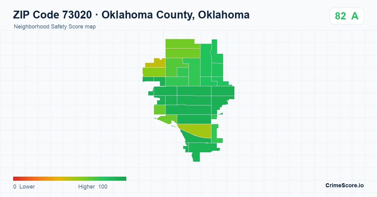 ZIP Code 73020 in Oklahoma County, Oklahoma neighborhood Safety Score map