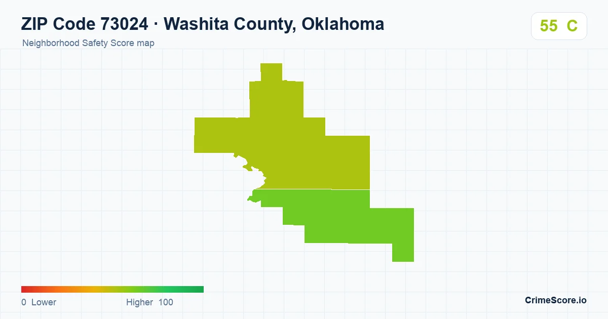 ZIP Code 73024 in Washita County, Oklahoma neighborhood Safety Score map