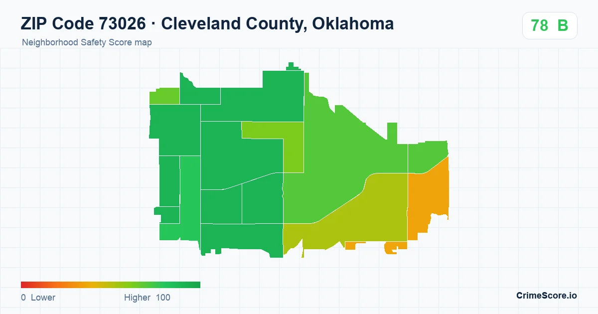ZIP Code 73026 in Cleveland County, Oklahoma neighborhood Safety Score map