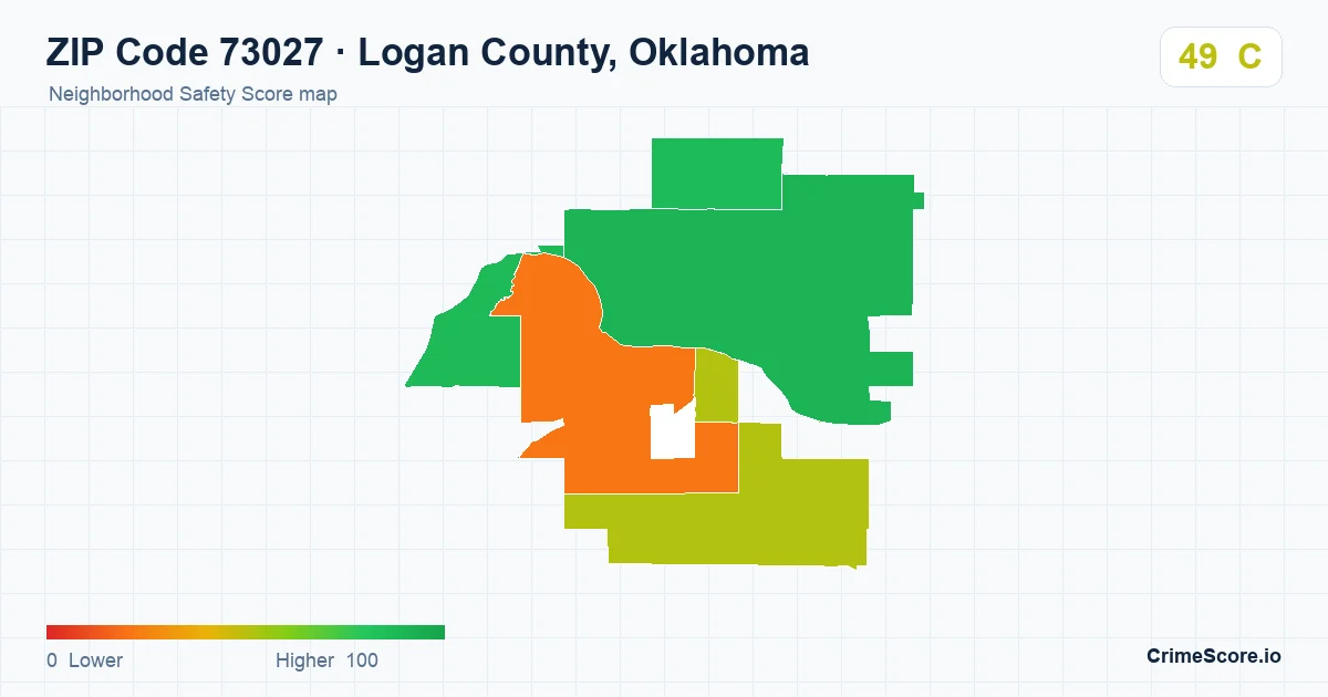 ZIP Code 73027 in Logan County, Oklahoma neighborhood Safety Score map