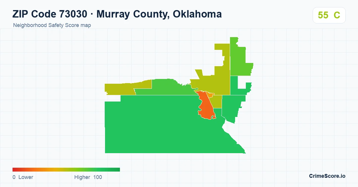 ZIP Code 73030 in Murray County, Oklahoma neighborhood Safety Score map
