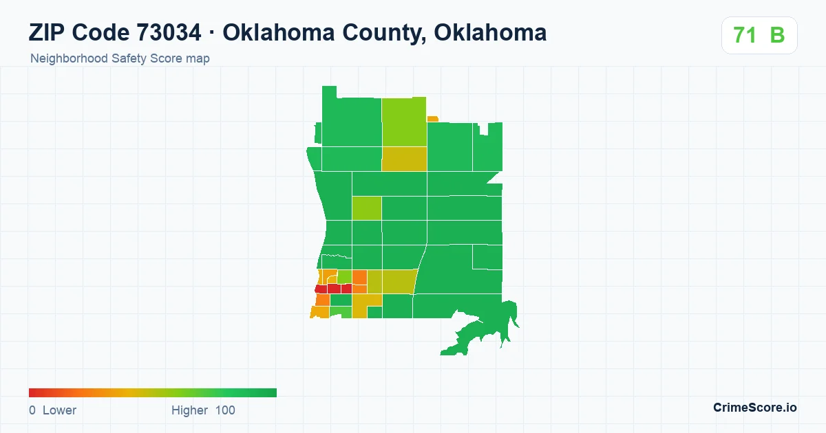 ZIP Code 73034 in Oklahoma County, Oklahoma neighborhood Safety Score map
