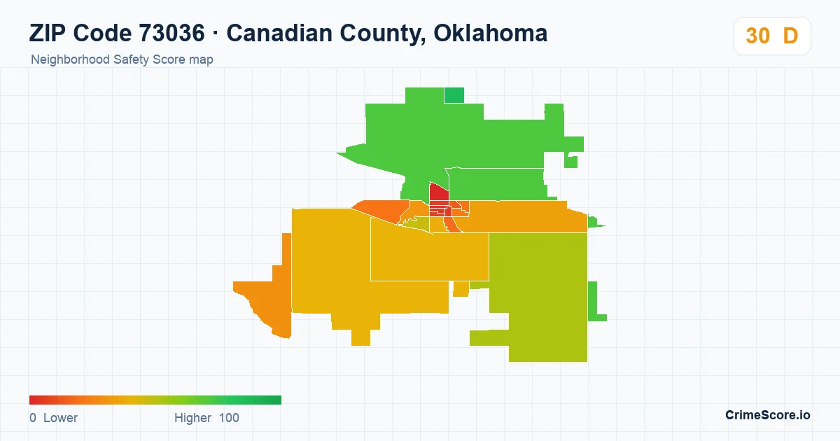 ZIP Code 73036 in Canadian County, Oklahoma neighborhood Safety Score map