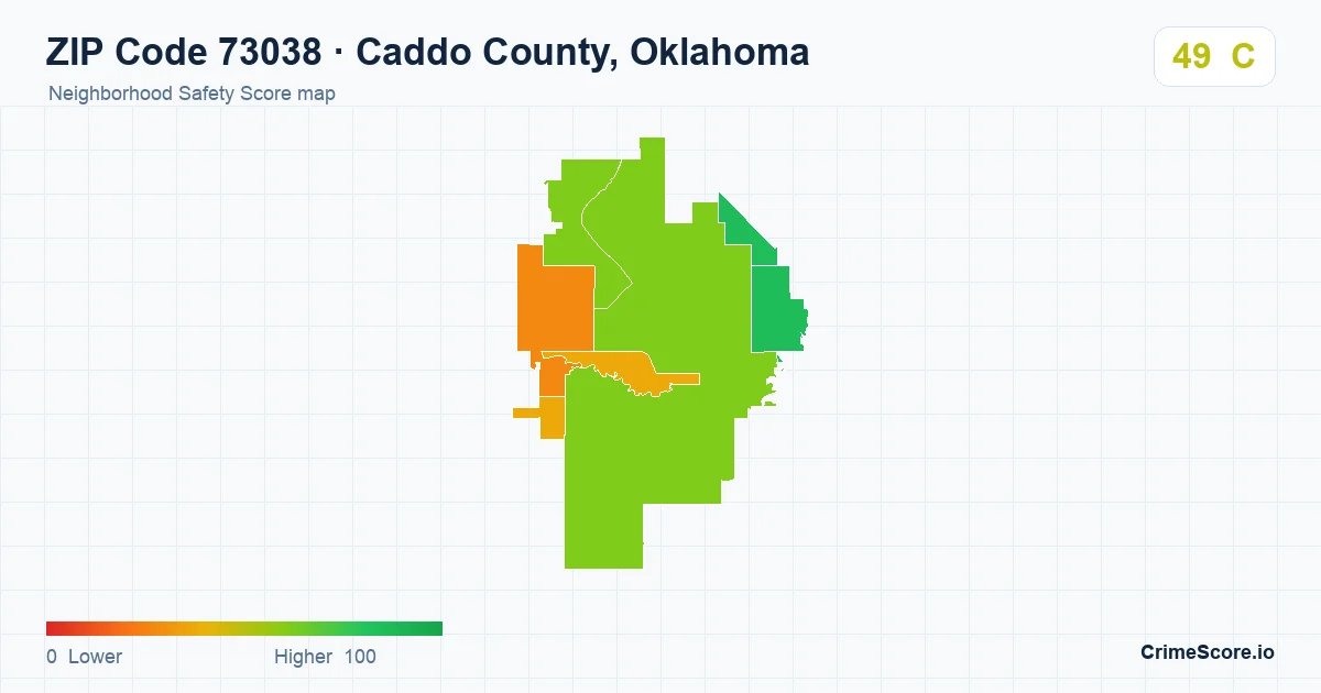ZIP Code 73038 in Caddo County, Oklahoma neighborhood Safety Score map