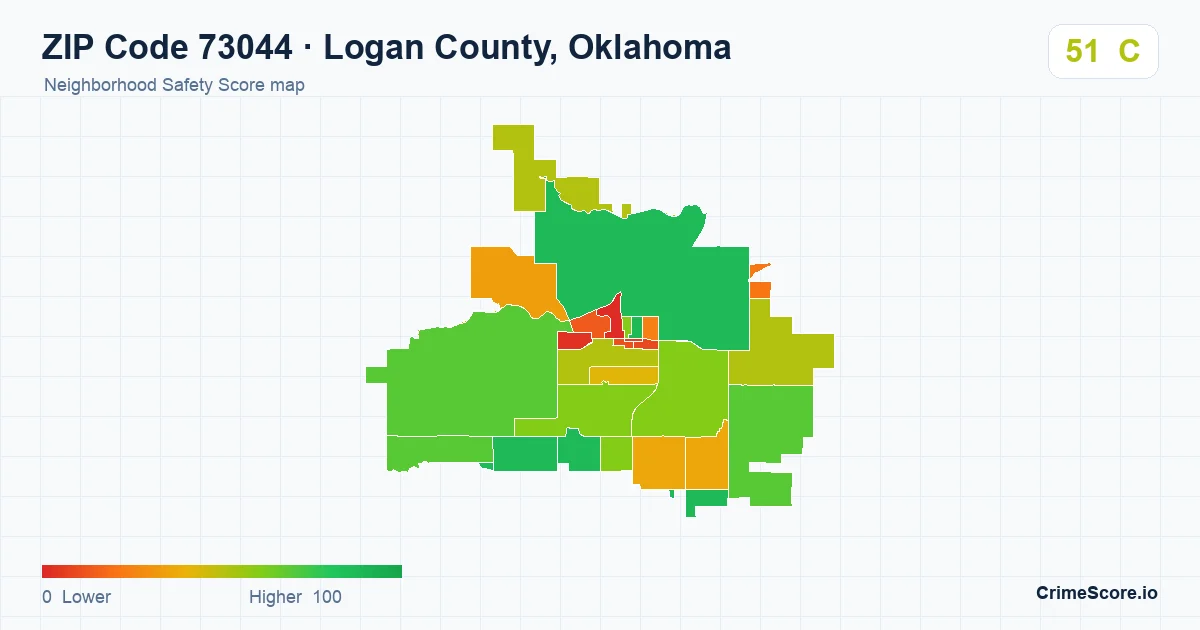 ZIP Code 73044 in Logan County, Oklahoma neighborhood Safety Score map