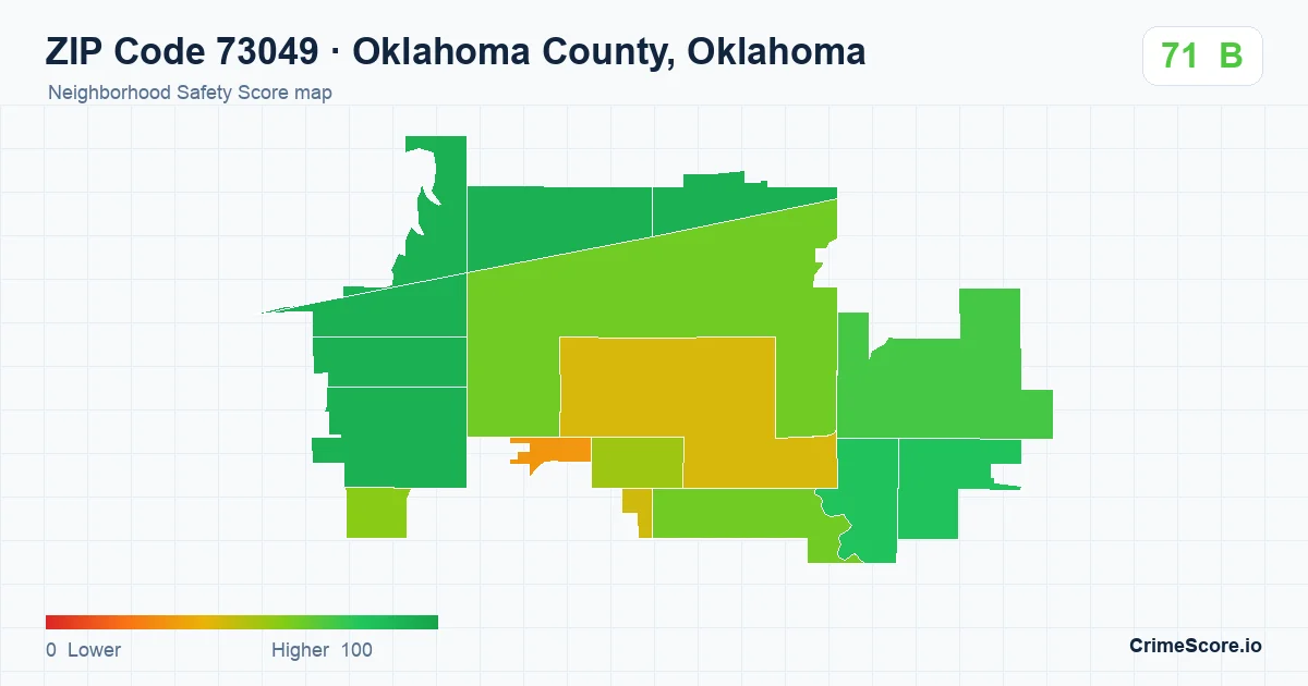 ZIP Code 73049 in Oklahoma County, Oklahoma neighborhood Safety Score map