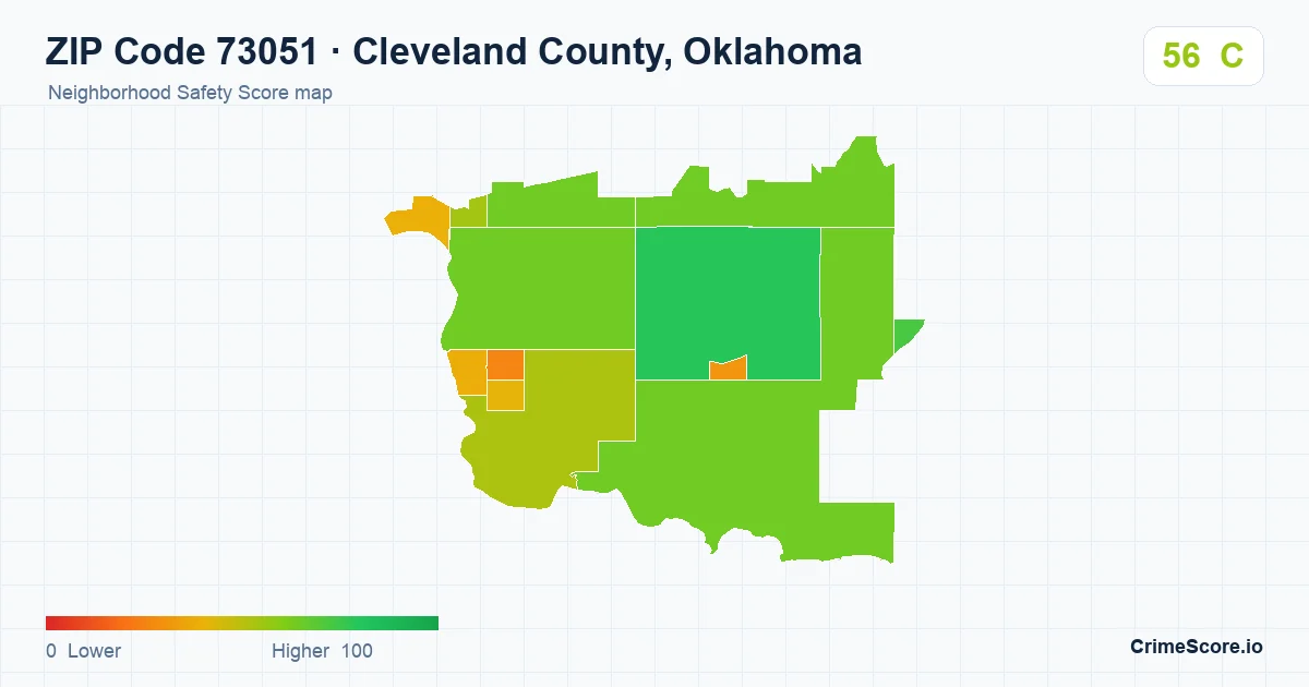 ZIP Code 73051 in Cleveland County, Oklahoma neighborhood Safety Score map