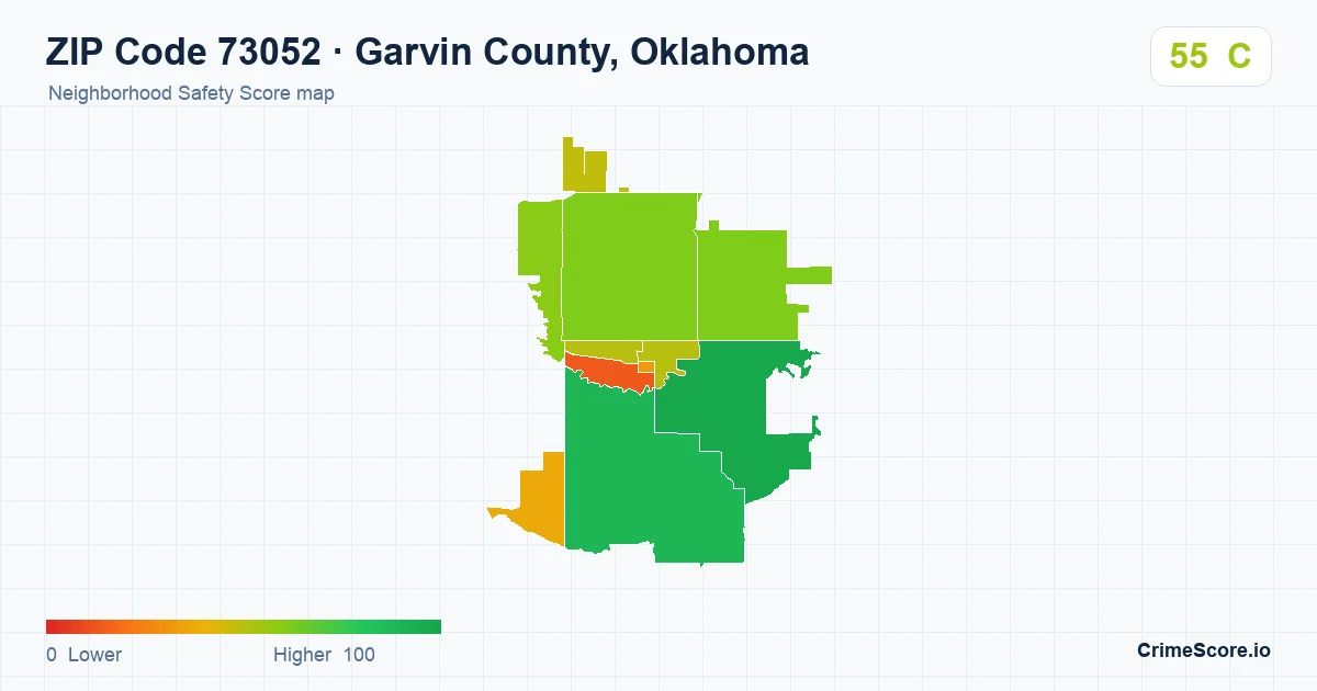 ZIP Code 73052 in Garvin County, Oklahoma neighborhood Safety Score map