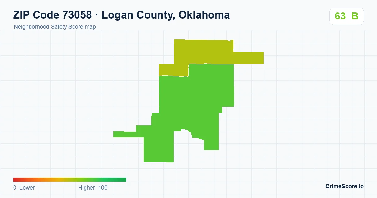ZIP Code 73058 in Logan County, Oklahoma neighborhood Safety Score map