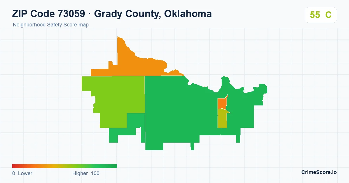 ZIP Code 73059 in Grady County, Oklahoma neighborhood Safety Score map