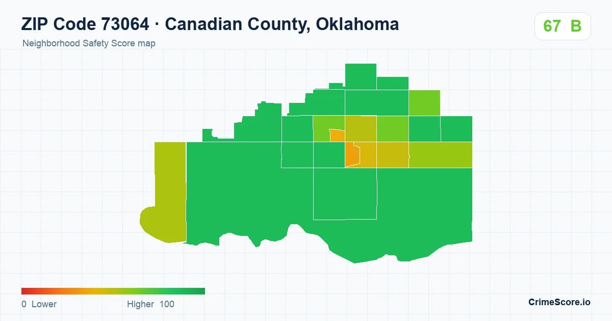 ZIP Code 73064 in Canadian County, Oklahoma neighborhood Safety Score map