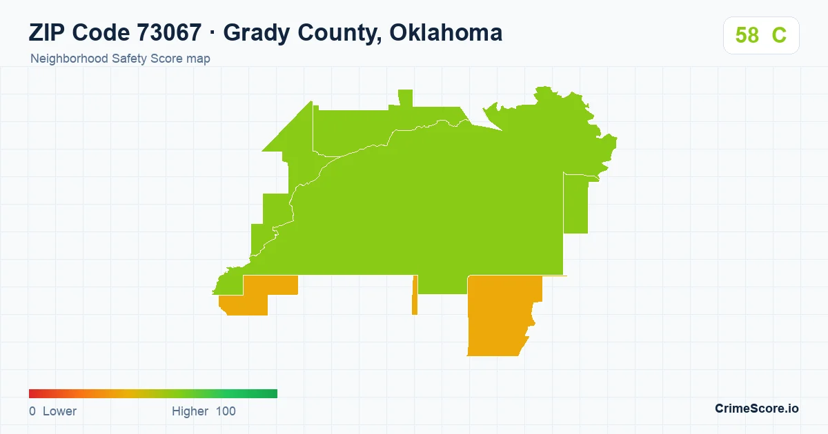 ZIP Code 73067 in Grady County, Oklahoma neighborhood Safety Score map