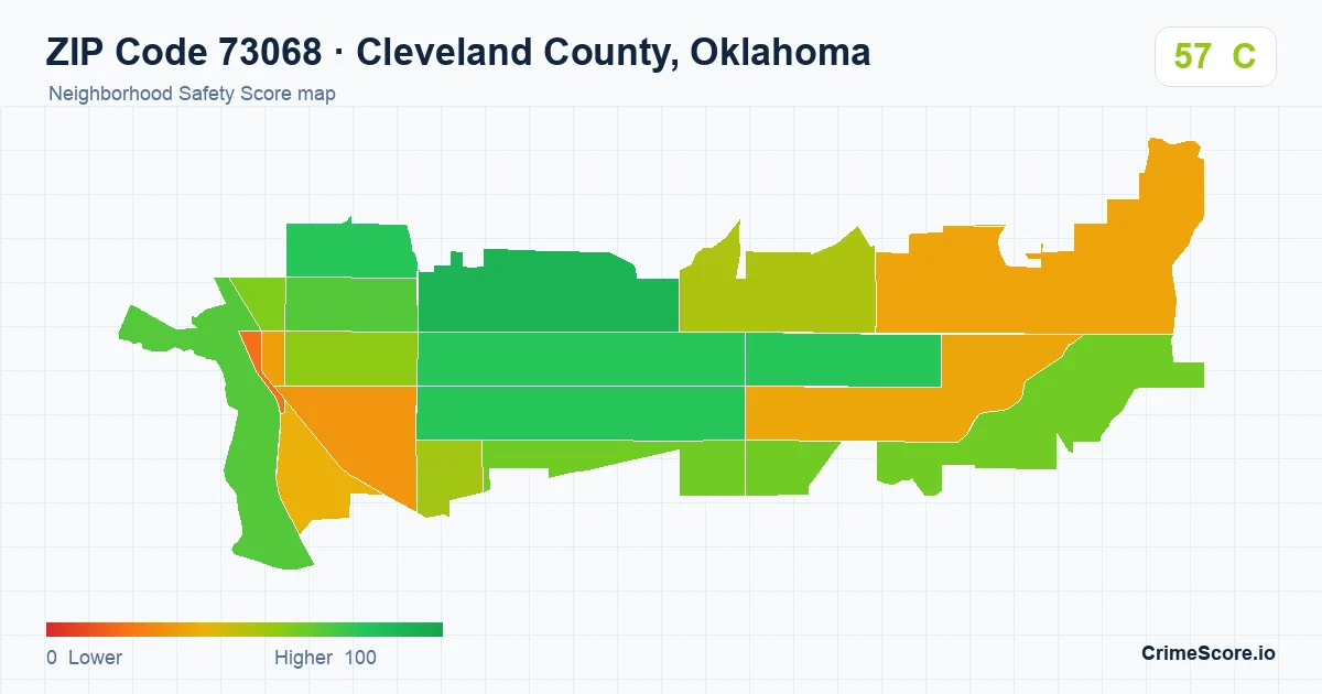 ZIP Code 73068 in Cleveland County, Oklahoma neighborhood Safety Score map