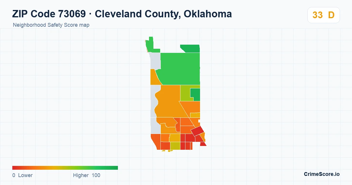 ZIP Code 73069 in Cleveland County, Oklahoma neighborhood Safety Score map