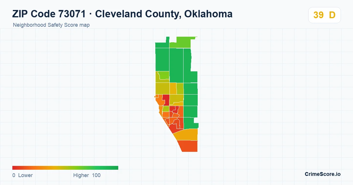 ZIP Code 73071 in Cleveland County, Oklahoma neighborhood Safety Score map