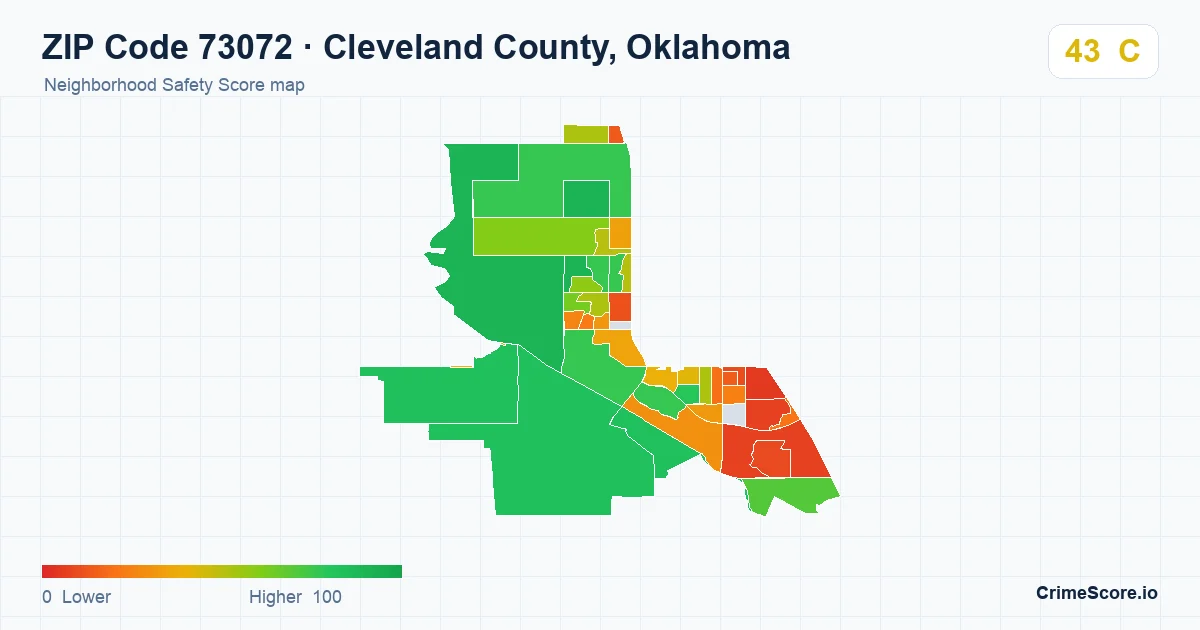 ZIP Code 73072 in Cleveland County, Oklahoma neighborhood Safety Score map