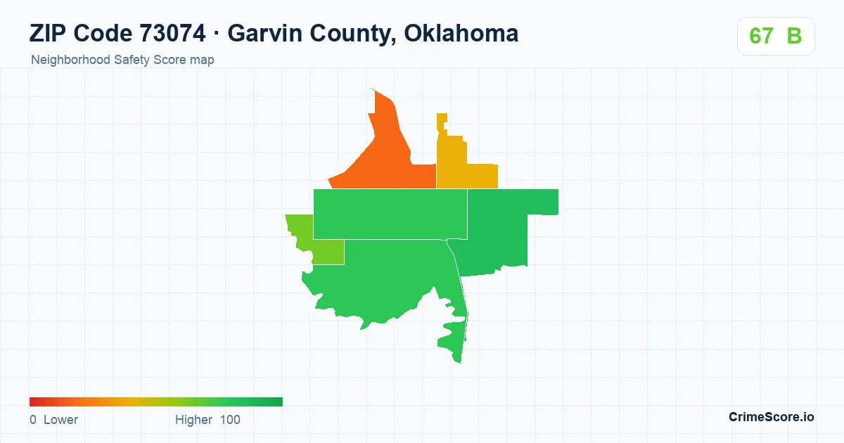 ZIP Code 73074 in Garvin County, Oklahoma neighborhood Safety Score map