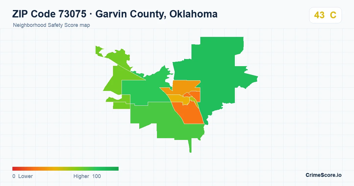 ZIP Code 73075 in Garvin County, Oklahoma neighborhood Safety Score map