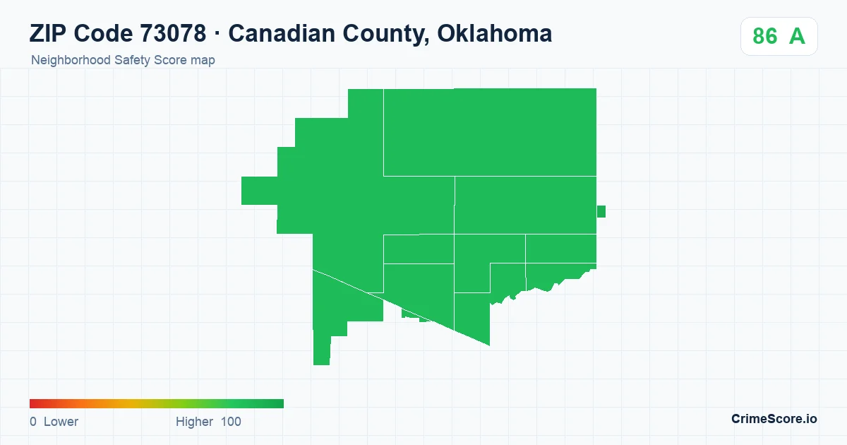 ZIP Code 73078 in Canadian County, Oklahoma neighborhood Safety Score map