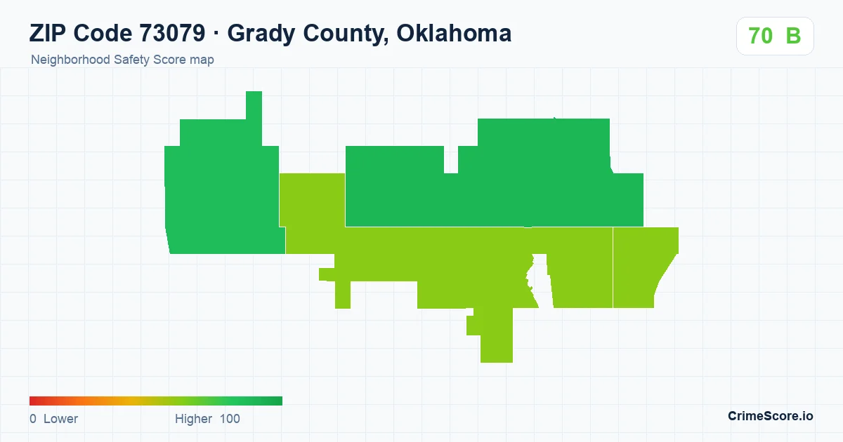 ZIP Code 73079 in Grady County, Oklahoma neighborhood Safety Score map