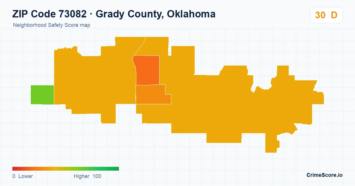 ZIP Code 73082 in Grady County, Oklahoma neighborhood Safety Score map