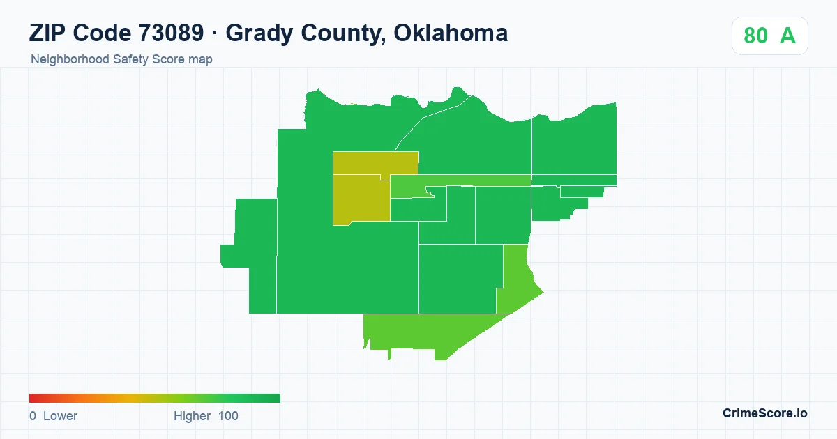 ZIP Code 73089 in Grady County, Oklahoma neighborhood Safety Score map