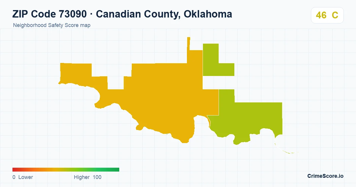 ZIP Code 73090 in Canadian County, Oklahoma neighborhood Safety Score map