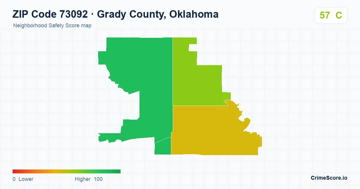 ZIP Code 73092 in Grady County, Oklahoma neighborhood Safety Score map
