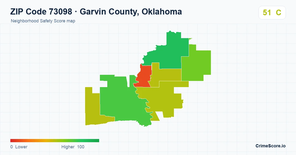 ZIP Code 73098 in Garvin County, Oklahoma neighborhood Safety Score map