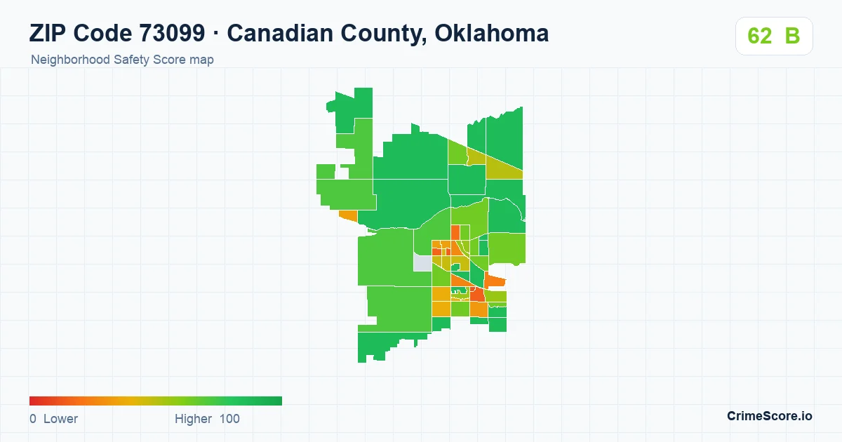ZIP Code 73099 in Canadian County, Oklahoma neighborhood Safety Score map