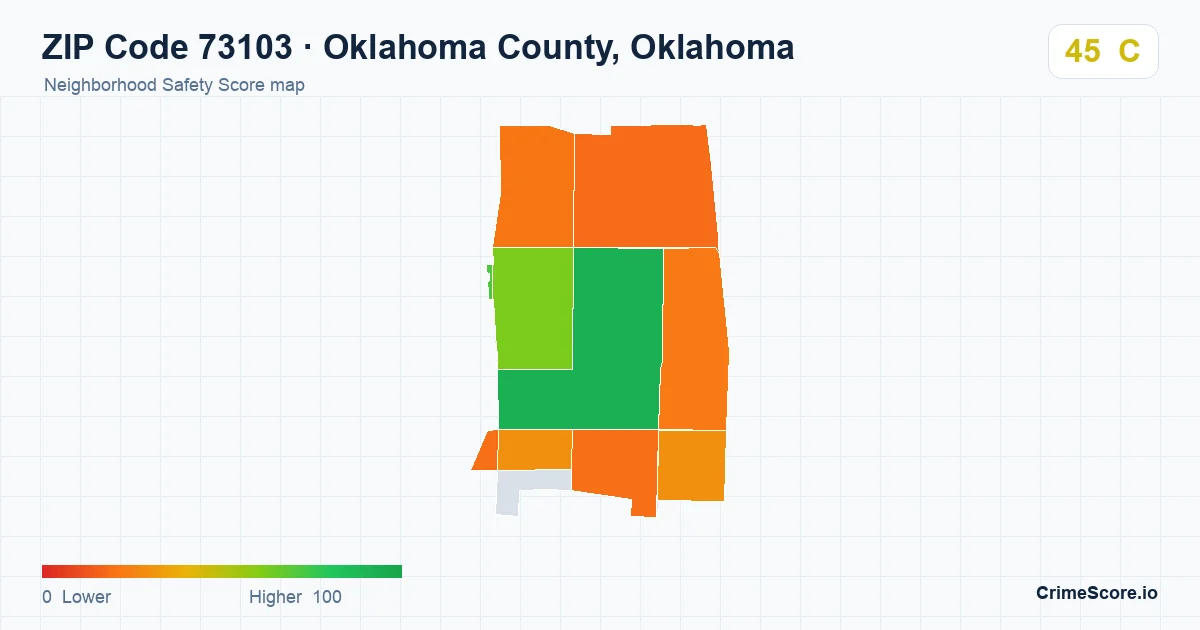 ZIP Code 73103 in Oklahoma County, Oklahoma neighborhood Safety Score map