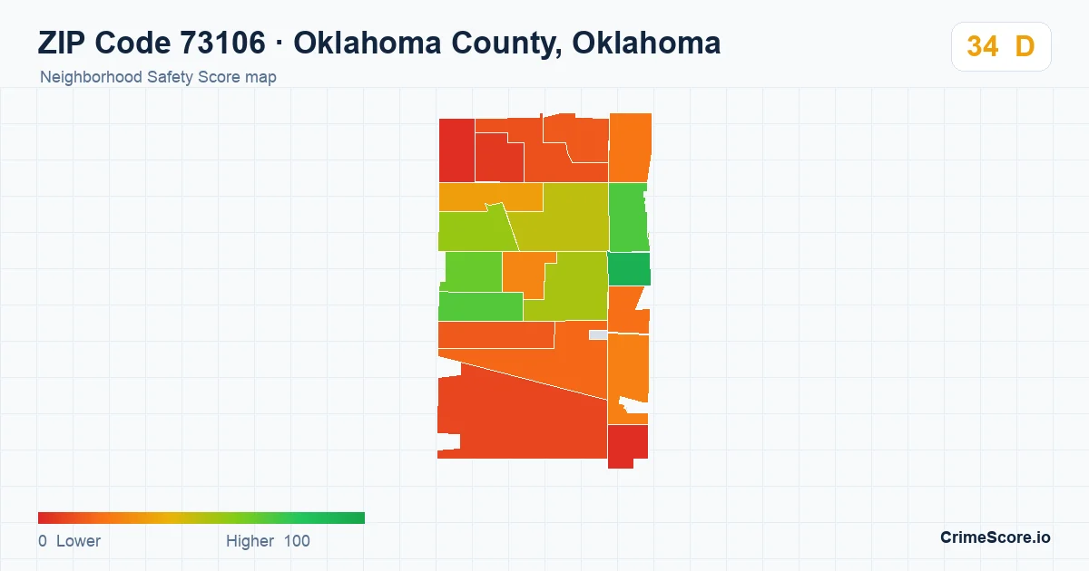 ZIP Code 73106 in Oklahoma County, Oklahoma neighborhood Safety Score map
