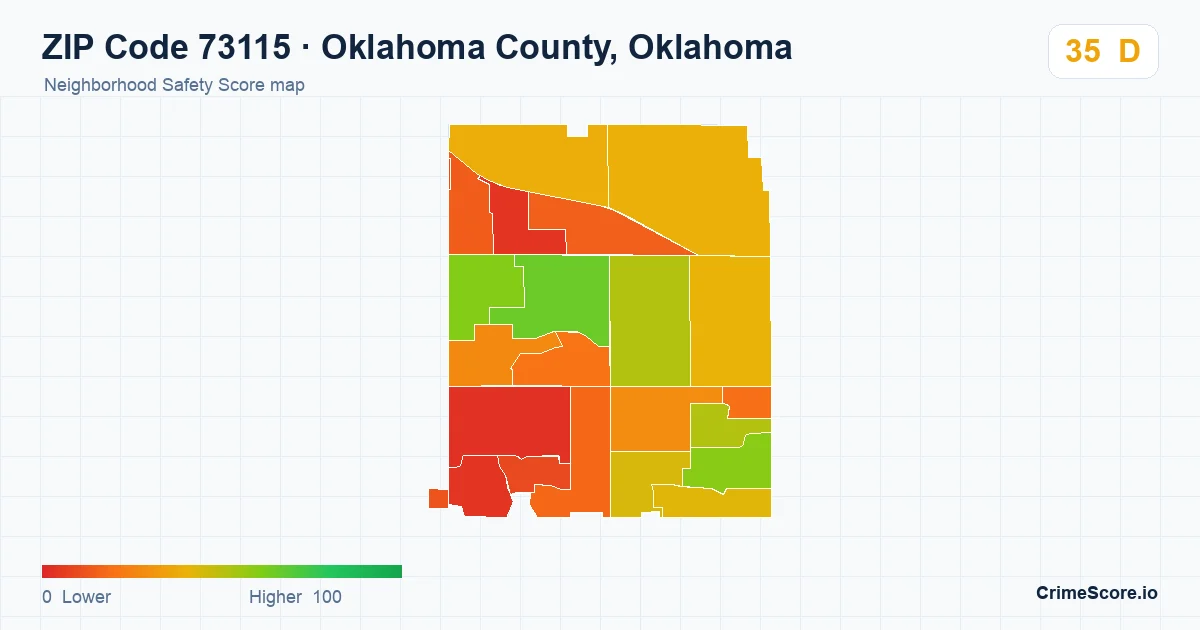 ZIP Code 73115 in Oklahoma County, Oklahoma neighborhood Safety Score map