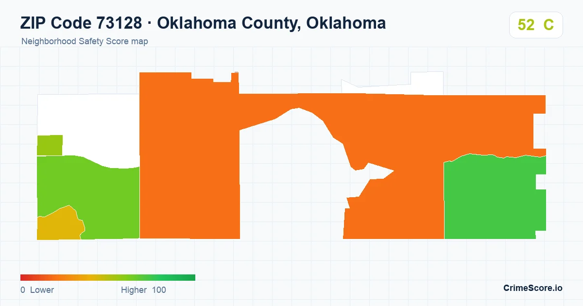 ZIP Code 73128 in Oklahoma County, Oklahoma neighborhood Safety Score map