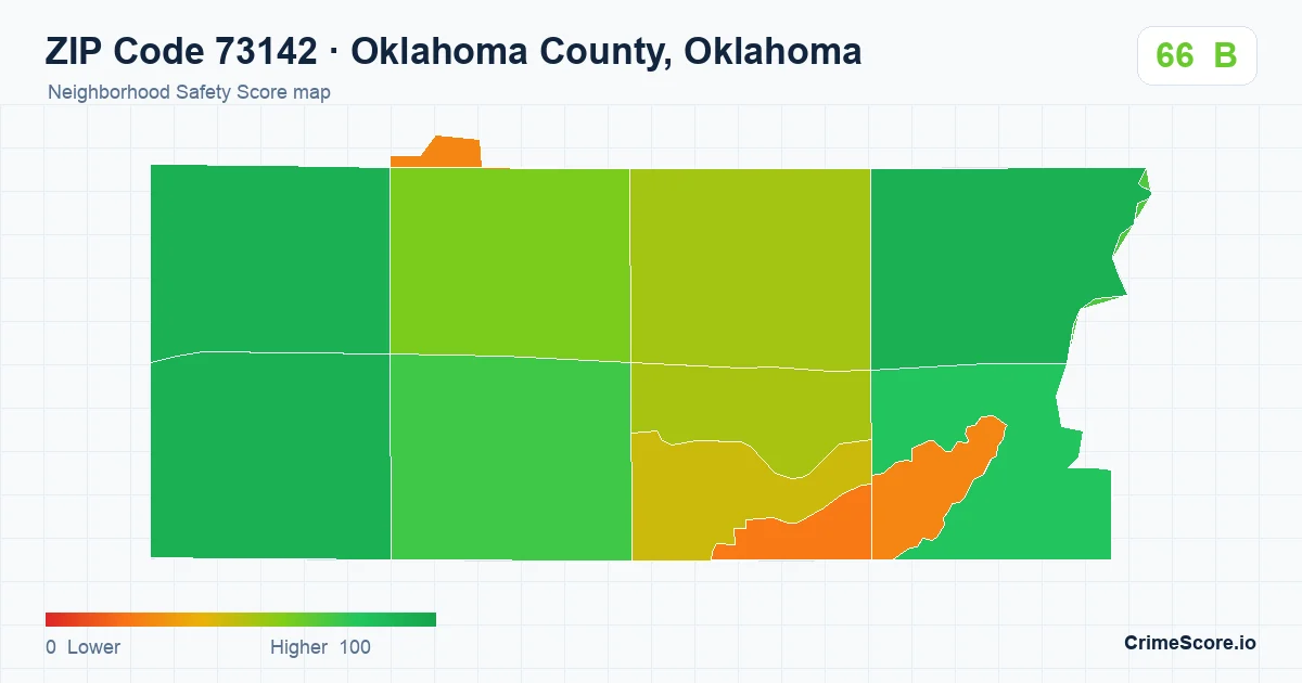 ZIP Code 73142 in Oklahoma County, Oklahoma neighborhood Safety Score map