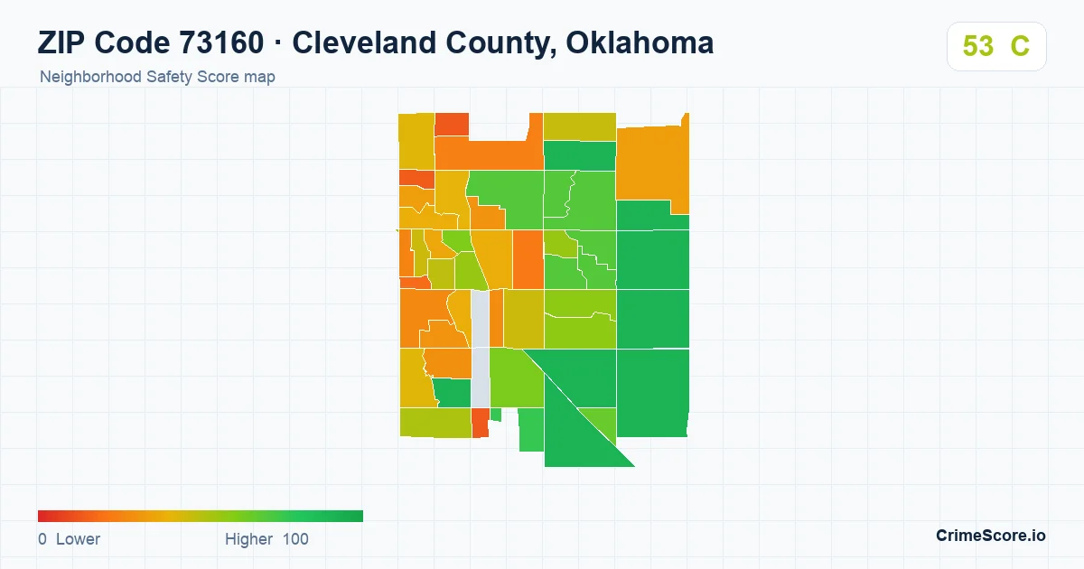 ZIP Code 73160 in Cleveland County, Oklahoma neighborhood Safety Score map