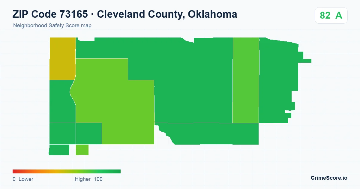 ZIP Code 73165 in Cleveland County, Oklahoma neighborhood Safety Score map