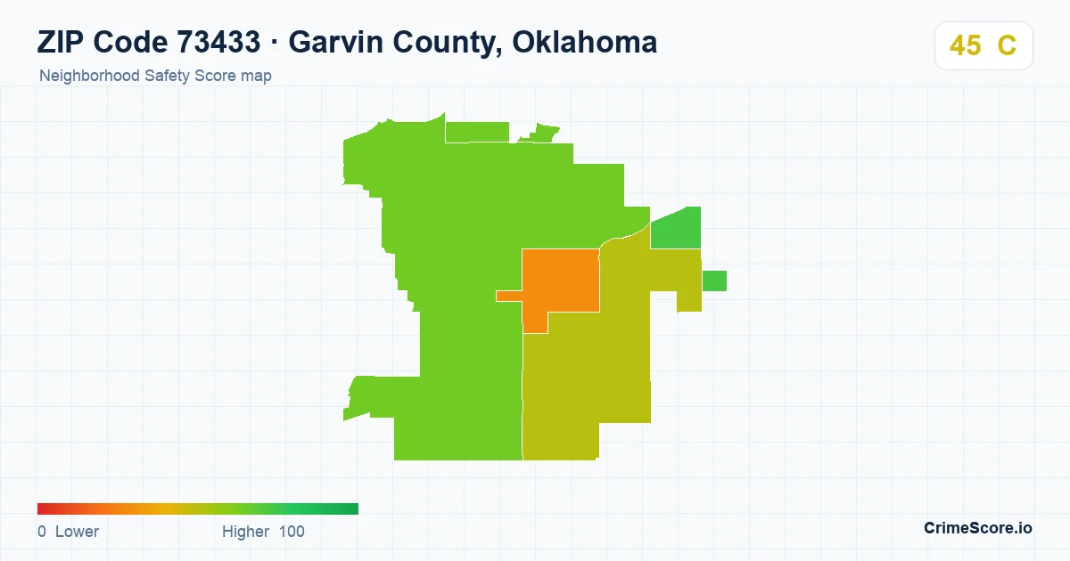 ZIP Code 73433 in Garvin County, Oklahoma neighborhood Safety Score map