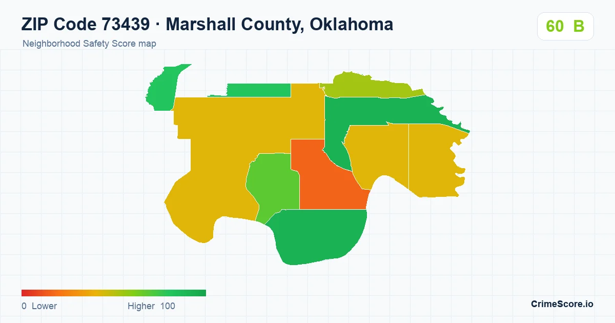 ZIP Code 73439 in Marshall County, Oklahoma neighborhood Safety Score map