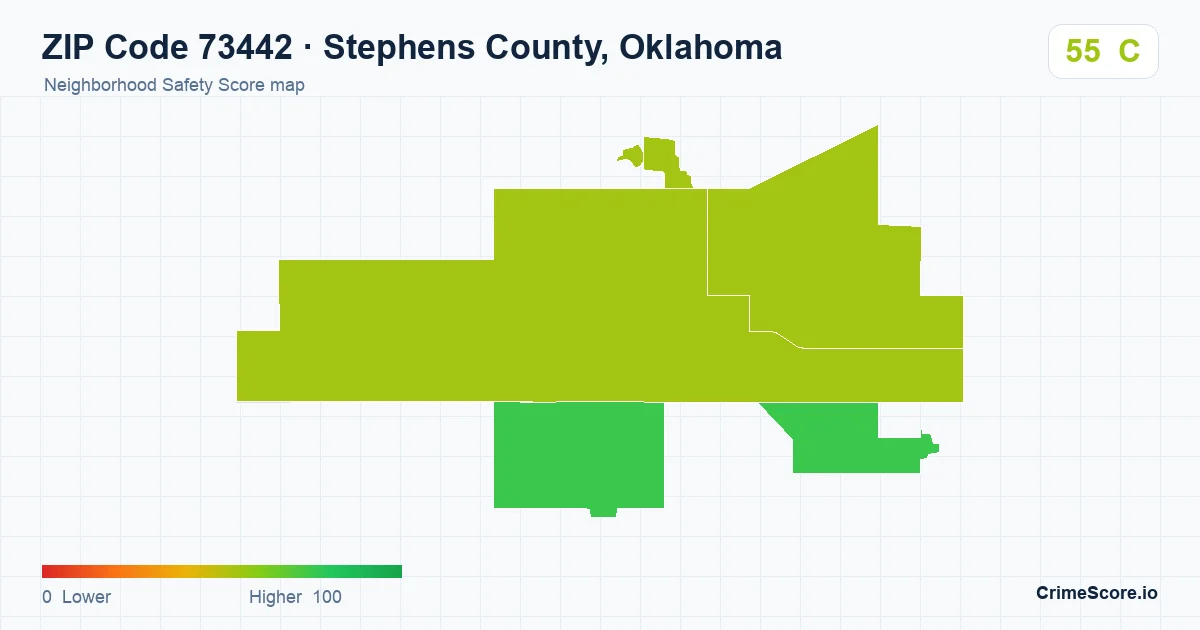 ZIP Code 73442 in Stephens County, Oklahoma neighborhood Safety Score map