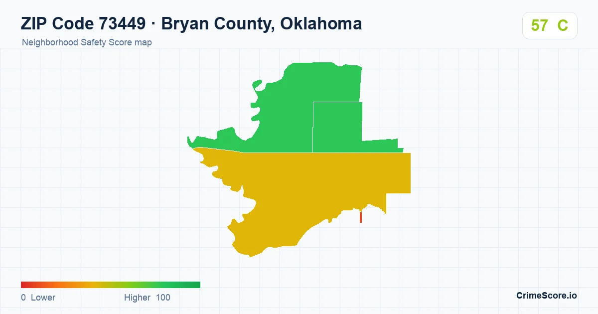 ZIP Code 73449 in Bryan County, Oklahoma neighborhood Safety Score map