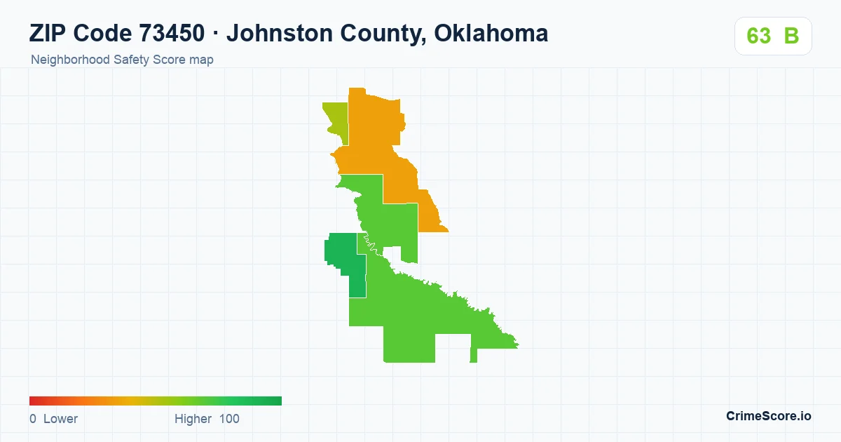 ZIP Code 73450 in Johnston County, Oklahoma neighborhood Safety Score map