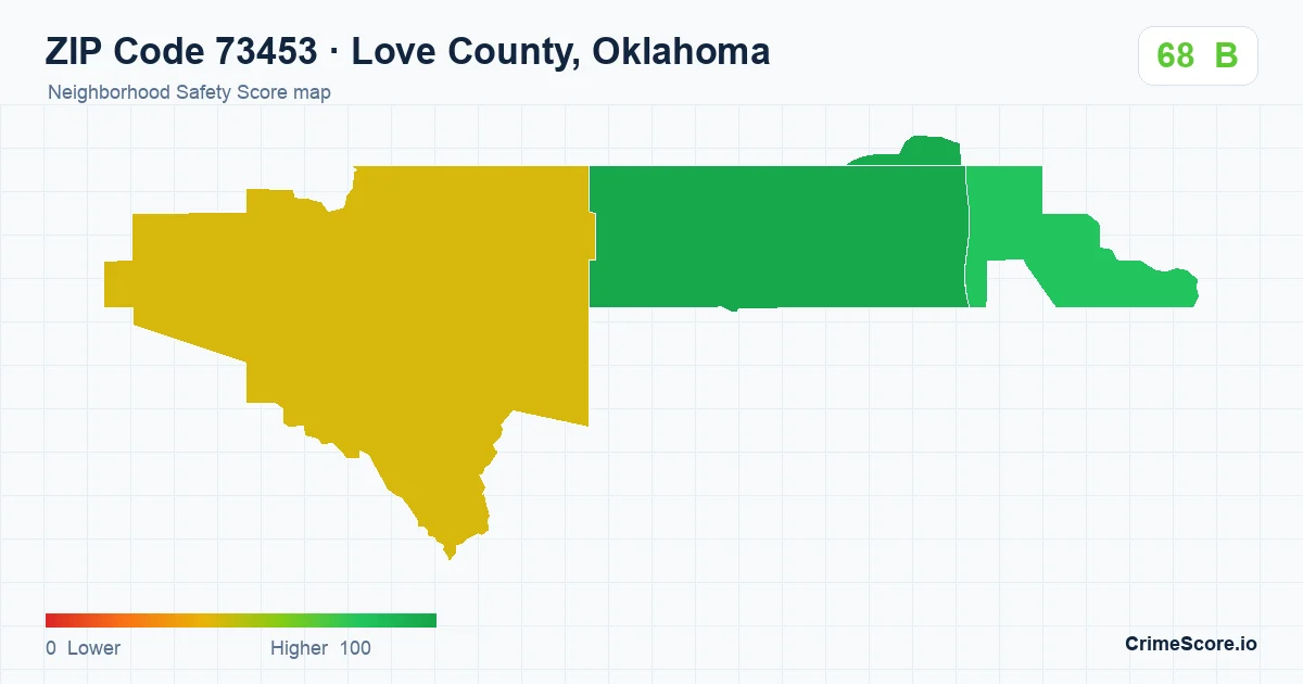 ZIP Code 73453 in Love County, Oklahoma neighborhood Safety Score map