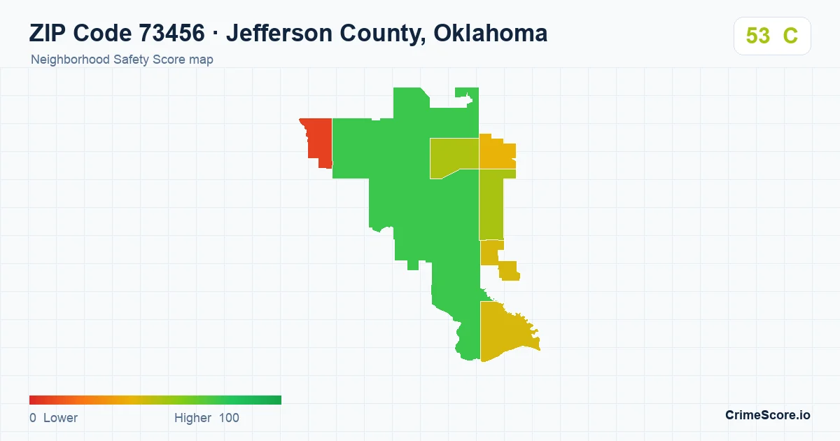 ZIP Code 73456 in Jefferson County, Oklahoma neighborhood Safety Score map