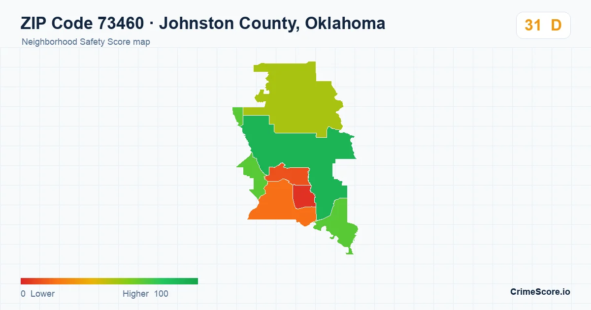 ZIP Code 73460 in Johnston County, Oklahoma neighborhood Safety Score map