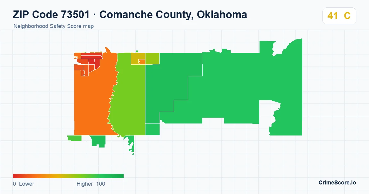 ZIP Code 73501 in Comanche County, Oklahoma neighborhood Safety Score map