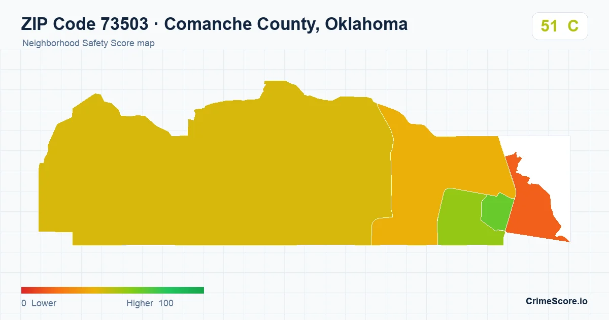 ZIP Code 73503 in Comanche County, Oklahoma neighborhood Safety Score map
